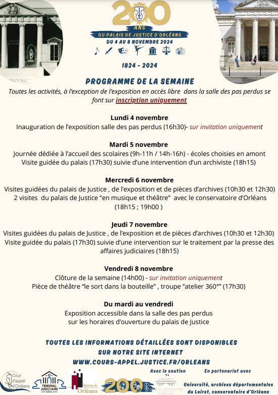 Programmation de l'anniversaire du Palais de Justice, issue de leur site internet. 