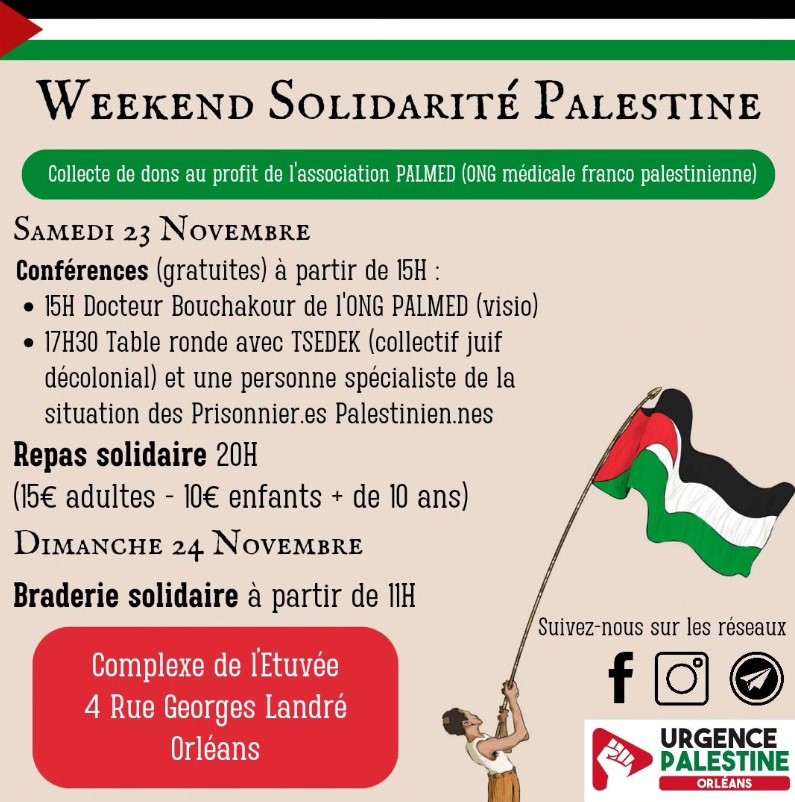 Compte Instagram Urgence pour la Palestine. Programme du weekend solidarité Palestine 